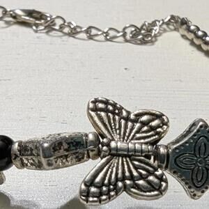 Vintage Silver Tone Butterfly Bracelet Black Glass Beads‎ Insect Bugs Extender
